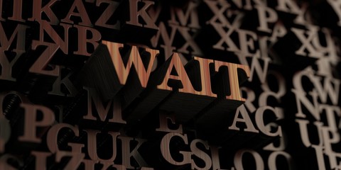 Wait - Wooden 3D rendered letters/message.  Can be used for an online banner ad or a print postcard.