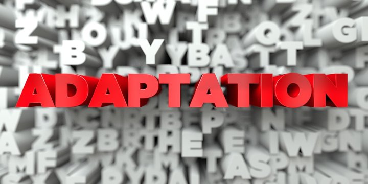ADAPTATION -  Red text on typography background - 3D rendered royalty free stock image. This image can be used for an online website banner ad or a print postcard.