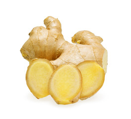 Ginger root, slices of ginger root isolated on white background