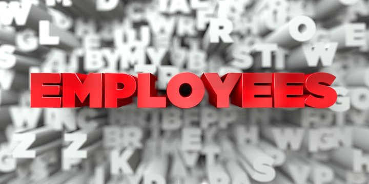 EMPLOYEES -  Red text on typography background - 3D rendered royalty free stock image. This image can be used for an online website banner ad or a print postcard.