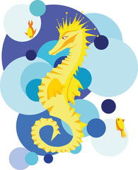 A seahorse with two smal fishes 