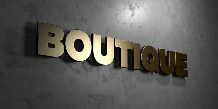 Boutique - Gold sign mounted on glossy marble wall  - 3D rendered royalty free stock illustration. This image can be used for an online website banner ad or a print postcard.