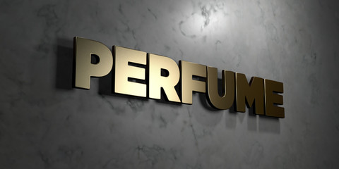 Perfume - Gold sign mounted on glossy marble wall  - 3D rendered royalty free stock illustration. This image can be used for an online website banner ad or a print postcard.