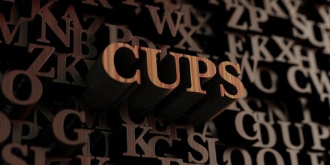 Cups - Wooden 3D rendered letters/message.  Can be used for an online banner ad or a print postcard.