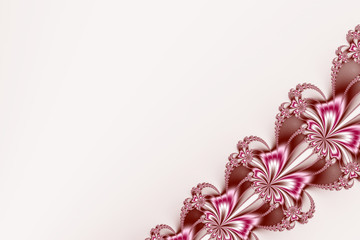 Fancy diagonal ribbon fractal in pink, brown and white, resembling flowers. Text space. For candy box designs, templates, books, leaflets, cards, pamphlets, websites, PC or phone background.