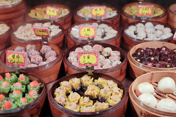 Chinese Food steamed dimsum in bamboo containers traditional cuisine