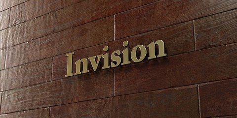 Invision - Bronze plaque mounted on maple wood wall  - 3D rendered royalty free stock picture. This image can be used for an online website banner ad or a print postcard.