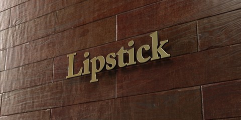 Lipstick - Bronze plaque mounted on maple wood wall  - 3D rendered royalty free stock picture. This image can be used for an online website banner ad or a print postcard.