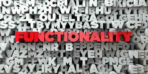 FUNCTIONALITY -  Red text on typography background - 3D rendered royalty free stock image. This image can be used for an online website banner ad or a print postcard.
