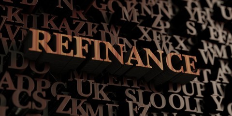 Refinance - Wooden 3D rendered letters/message.  Can be used for an online banner ad or a print postcard.