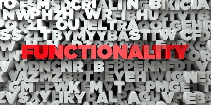 FUNCTIONALITY -  Red Text On Typography Background - 3D Rendered Royalty Free Stock Image. This Image Can Be Used For An Online Website Banner Ad Or A Print Postcard.