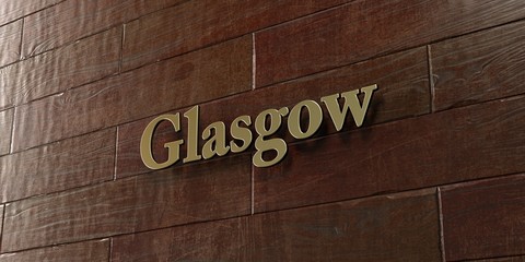 Glasgow - Bronze plaque mounted on maple wood wall  - 3D rendered royalty free stock picture. This image can be used for an online website banner ad or a print postcard.