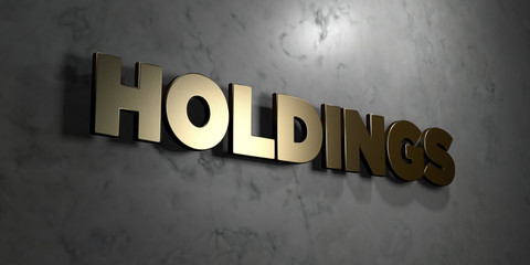 Holdings - Gold sign mounted on glossy marble wall  - 3D rendered royalty free stock illustration. This image can be used for an online website banner ad or a print postcard.