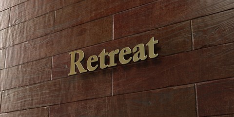 Retreat - Bronze plaque mounted on maple wood wall  - 3D rendered royalty free stock picture. This image can be used for an online website banner ad or a print postcard.