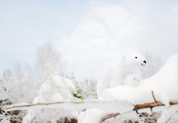 Plakat Polar bear toy walk on snowy branch of the bush.