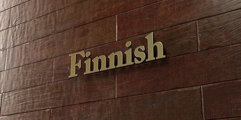 Finnish - Bronze plaque mounted on maple wood wall  - 3D rendered royalty free stock picture. This image can be used for an online website banner ad or a print postcard.