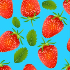Excellent seamless pattern with with strawberry and leaves on blue background