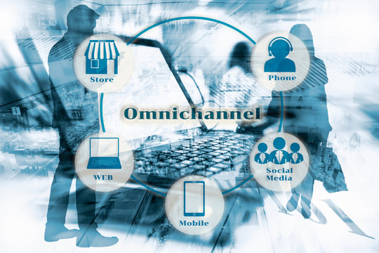 Marketing Data mangement platform and Omnichannel concept image. Omnichannel element icons on Double exposure of modern store, sillhouette of business man standing using smart phone and computer. 