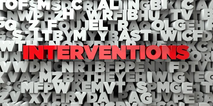 INTERVENTIONS -  Red text on typography background - 3D rendered royalty free stock image. This image can be used for an online website banner ad or a print postcard.