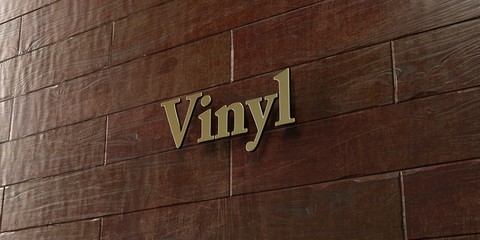 Vinyl - Bronze plaque mounted on maple wood wall  - 3D rendered royalty free stock picture. This image can be used for an online website banner ad or a print postcard.