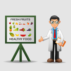 Doctor with healthy food banner. Nutritionist shows how to eat clean and fresh food. Green vegetables for body.