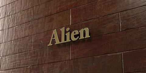 Alien - Bronze plaque mounted on maple wood wall  - 3D rendered royalty free stock picture. This image can be used for an online website banner ad or a print postcard.
