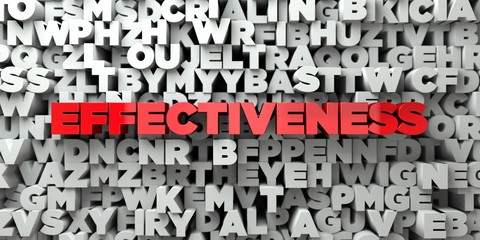 EFFECTIVENESS -  Red text on typography background - 3D rendered royalty free stock image. This image can be used for an online website banner ad or a print postcard.