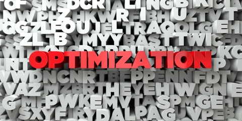 OPTIMIZATION -  Red text on typography background - 3D rendered royalty free stock image. This image can be used for an online website banner ad or a print postcard.