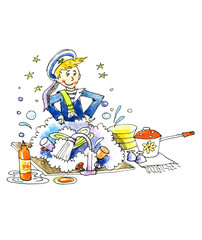 Children's watercolor illustration - little boy washes the dishes, helps. Boy in sea suit. Drawing on an isolated white background.