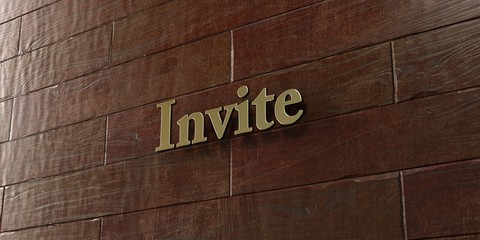 Invite - Bronze plaque mounted on maple wood wall  - 3D rendered royalty free stock picture. This image can be used for an online website banner ad or a print postcard.