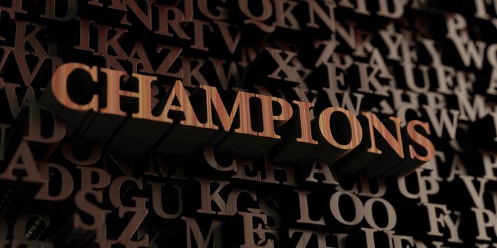 Champions - Wooden 3D rendered letters/message.  Can be used for an online banner ad or a print postcard.