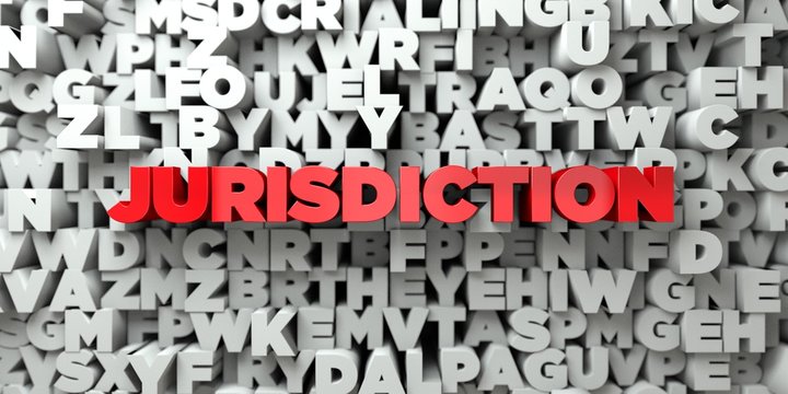 JURISDICTION -  Red text on typography background - 3D rendered royalty free stock image. This image can be used for an online website banner ad or a print postcard.