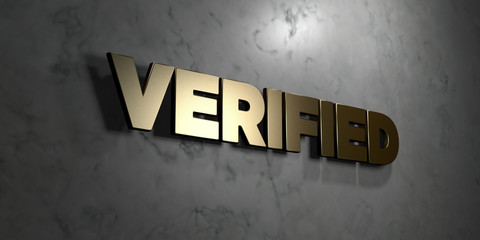 Verified - Gold sign mounted on glossy marble wall  - 3D rendered royalty free stock illustration. This image can be used for an online website banner ad or a print postcard.