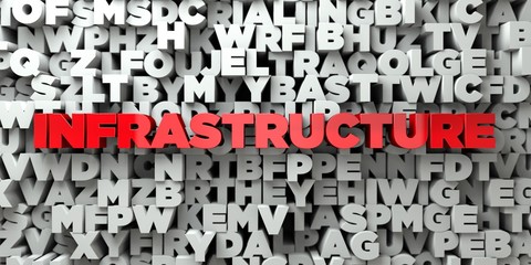 INFRASTRUCTURE -  Red text on typography background - 3D rendered royalty free stock image. This image can be used for an online website banner ad or a print postcard. © Chris Titze Imaging