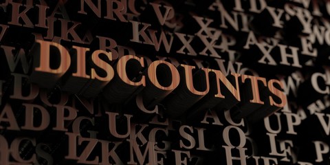 Discounts - Wooden 3D rendered letters/message.  Can be used for an online banner ad or a print postcard.