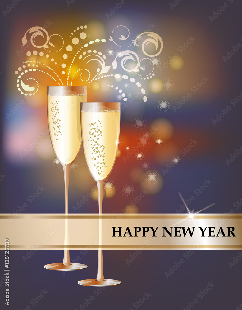 Wall mural Happy new year best party greeting card with colorful background and champagne glass 