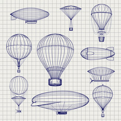 Hand drawn air hot balloons and airship zeppelins sketch on notebook page. Vector illustration © vectortatu