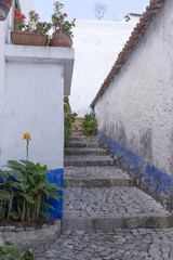 Naklejka premium Empty street in Obidos, a medieval town in Portugal