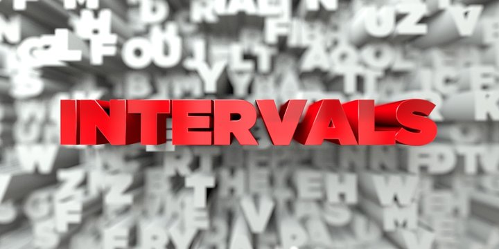 INTERVALS -  Red text on typography background - 3D rendered royalty free stock image. This image can be used for an online website banner ad or a print postcard.