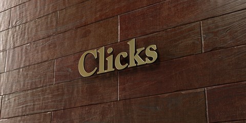 Clicks - Bronze plaque mounted on maple wood wall  - 3D rendered royalty free stock picture. This image can be used for an online website banner ad or a print postcard.