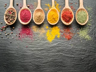 Poster Assortment of colorful spices in the wooden spoons. © volff