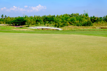 Fototapeta premium green golf field and blue cloud sky for backdrop background use