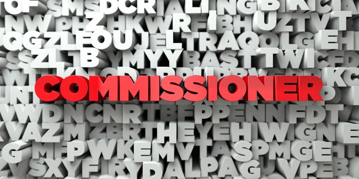 COMMISSIONER -  Red text on typography background - 3D rendered royalty free stock image. This image can be used for an online website banner ad or a print postcard.
