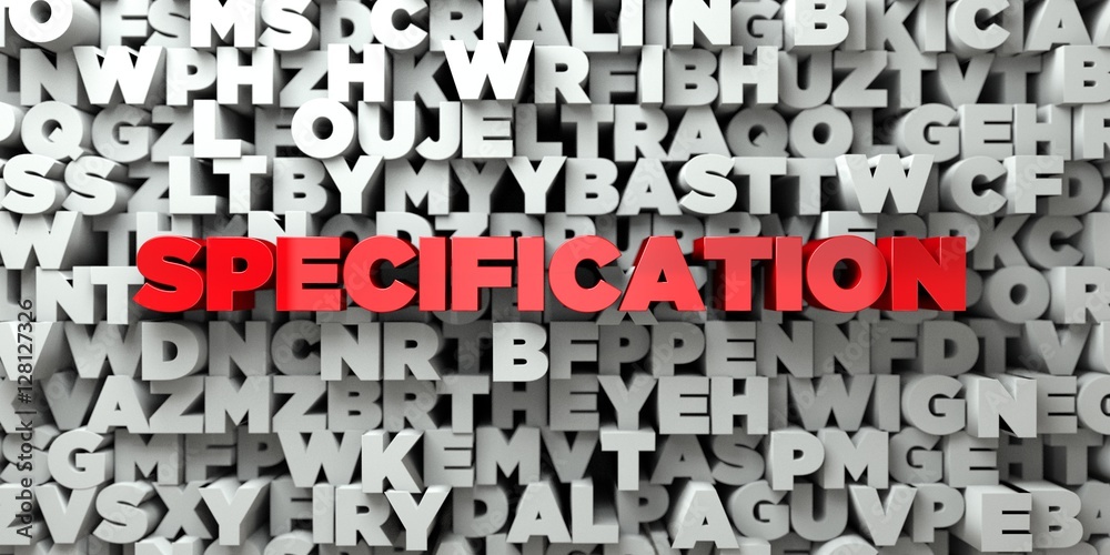 Fototapete specification - red text on typography background - 3d rendered royalty free stock image. this image