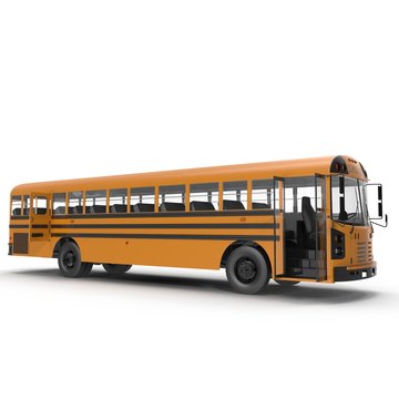 yellow school bus on white. Door opened. 3D illustration