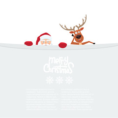 Fototapeta premium Cute cartoon Santa Claus and reindeer looking from behind blank billboard. Merry Christmas calligraphy and snowflakes on board.