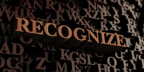 Recognize - Wooden 3D rendered letters/message.  Can be used for an online banner ad or a print postcard.