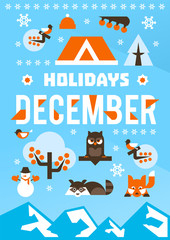Naklejka premium December holidays. Designed for printing, postcards, calendars, notebooks, diary. Set winter season objects. Owl, raccoon, fox, snowman, pine, bullfinch, berries, house. Vector illustration