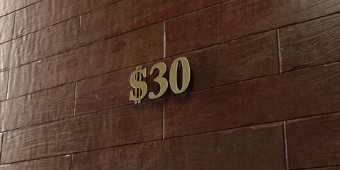 $30 - Bronze plaque mounted on maple wood wall  - 3D rendered royalty free stock picture. This image can be used for an online website banner ad or a print postcard.