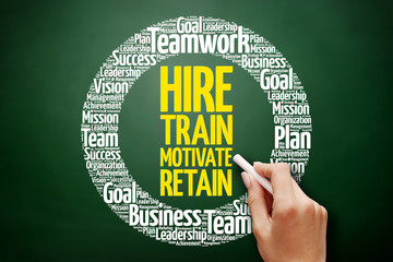 Hire, Train, Motivate and Retain word cloud collage, business concept on blackboard